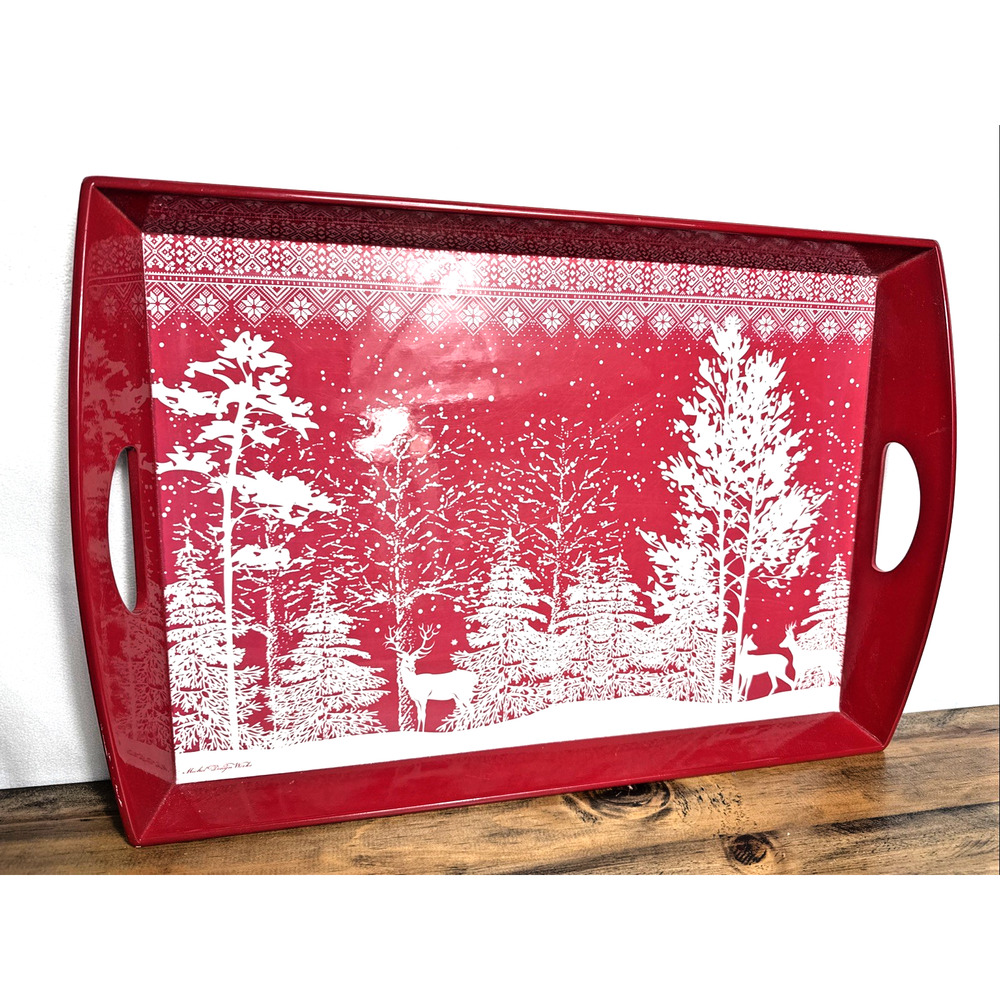 Decor Tray Red White Snowy Woodland Scene Winter Holiday Michel Design Works